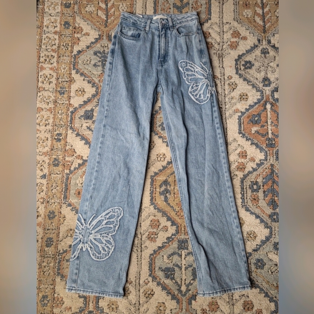 PacSun Light Blue Butterfly Embroidered Jeans